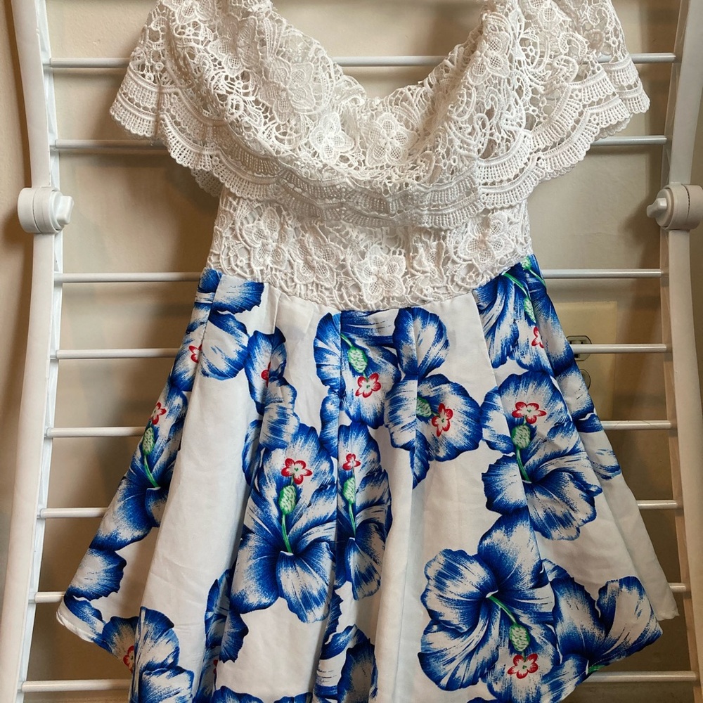 White Lace and Blue Floral Romper
